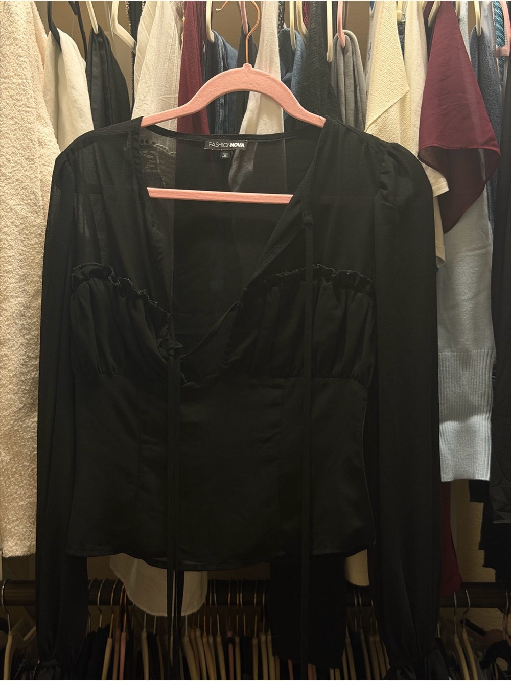 Fashion Nova Black Long Sleeve Tie-Front Peplum Blouse